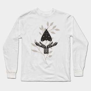 Watercolor Black Moth Crescent Moon Wings Held by Cupped Silhouette Hands With Wildflower Tattoos Flies across watercolor wildflowers Long Sleeve T-Shirt